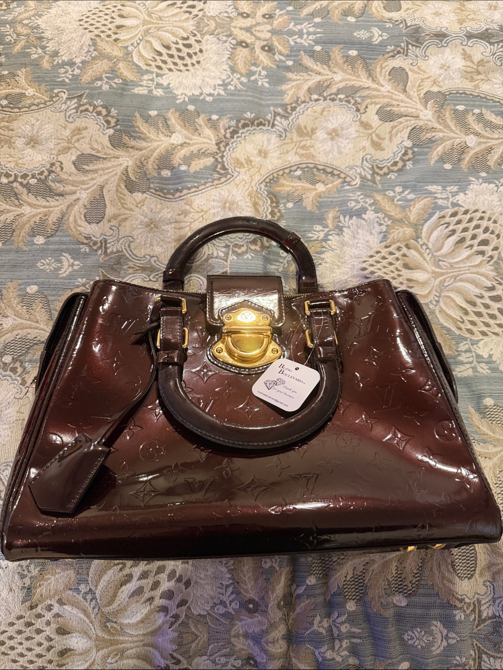 Patent Leather Satchel Handbag in Deep Brown with Gold Hardware